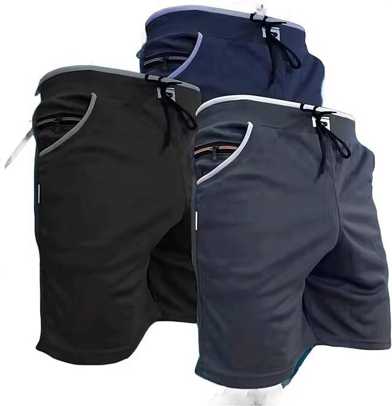 MAAHIGARMENTS Pack of 3 Solid Men Black, Blue, Grey Regular Shorts