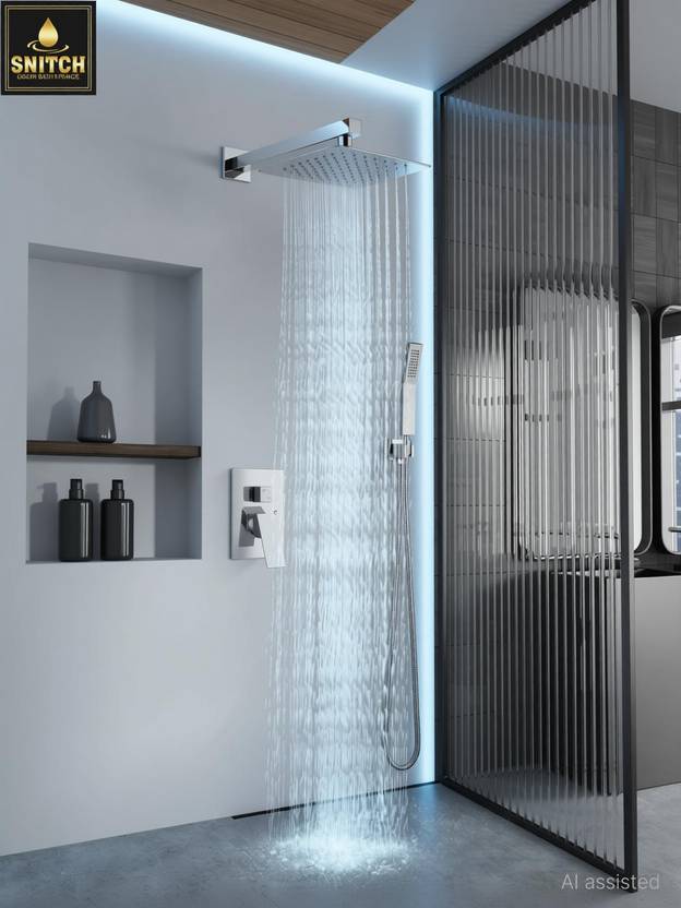 Snitch SS-304 Grade, 6x6 Square Over Head Shower With 18-INCH Arm and Wall Flange Shower Head