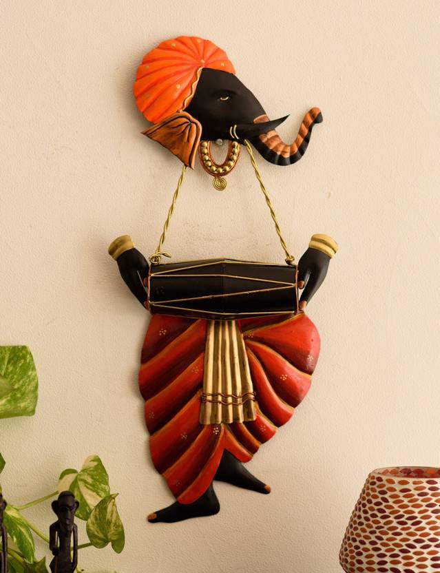 Artisyn Handcrafted Musician Lord Ganesha Wall Hanging Playing Dholak Musical Instrument Decorative Showpiece - 46 cm