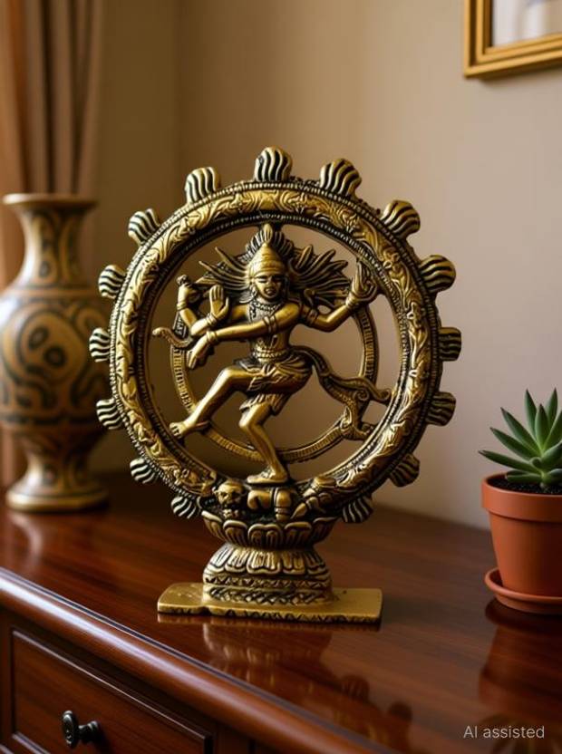 SKSM METAL HANDCARVED ANTIQUE GOLD FINISH Natraj Statue | Lord Shiva Dancing Natraj Decorative Showpiece - 19 cm