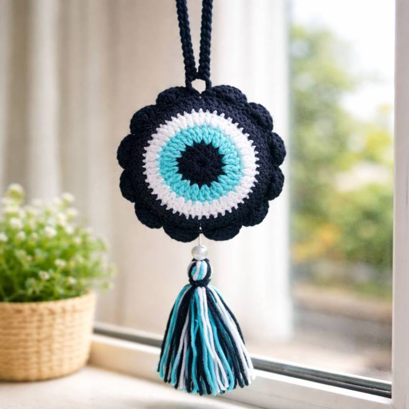 Clapjoy Handmade Crochet Evil Eye Hanging | Wall & Car Decor | Protection Charm Decorative Showpiece  -  4 cm