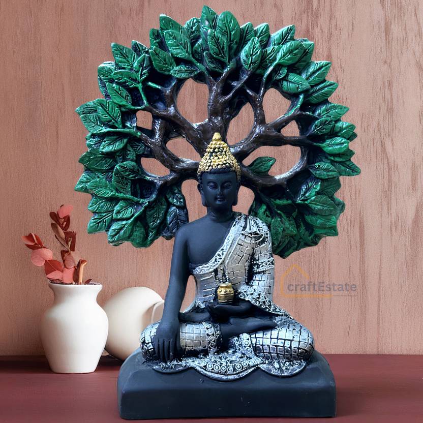 CRAFTESTATE Buddha Statue with Bodhi Tree | Antique Finish Meditation Idol Decorative Showpiece - 24 cm