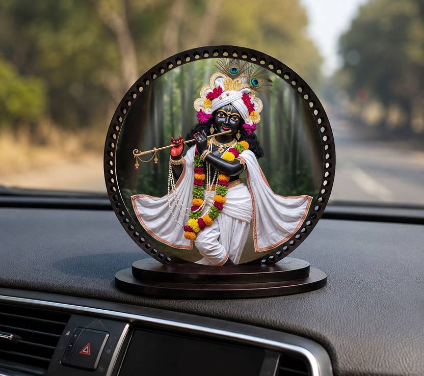 RADHEY CRAFTS Lord Krishna Playing Flute in White Attire Car Dashboard Showpiece Decorative Showpiece - 10 cm