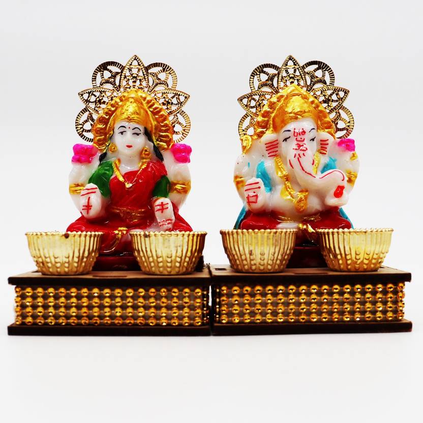 Aamrkoot Ceramic Divine Festive Collections Mini Ganesh and Lakshmi Idols Decorative Showpiece - 10 cm