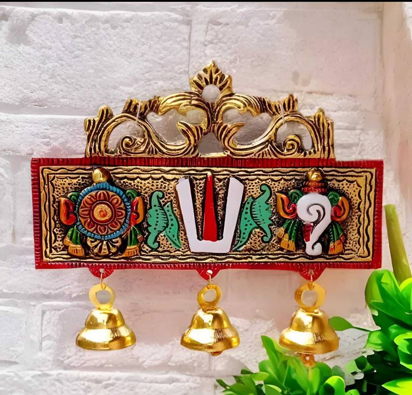 VARUNAAR Shankh Chakra Tilak Wall Hanging Bell plate for Room, Door Hanging with Ghanti Decorative Showpiece - 15 cm