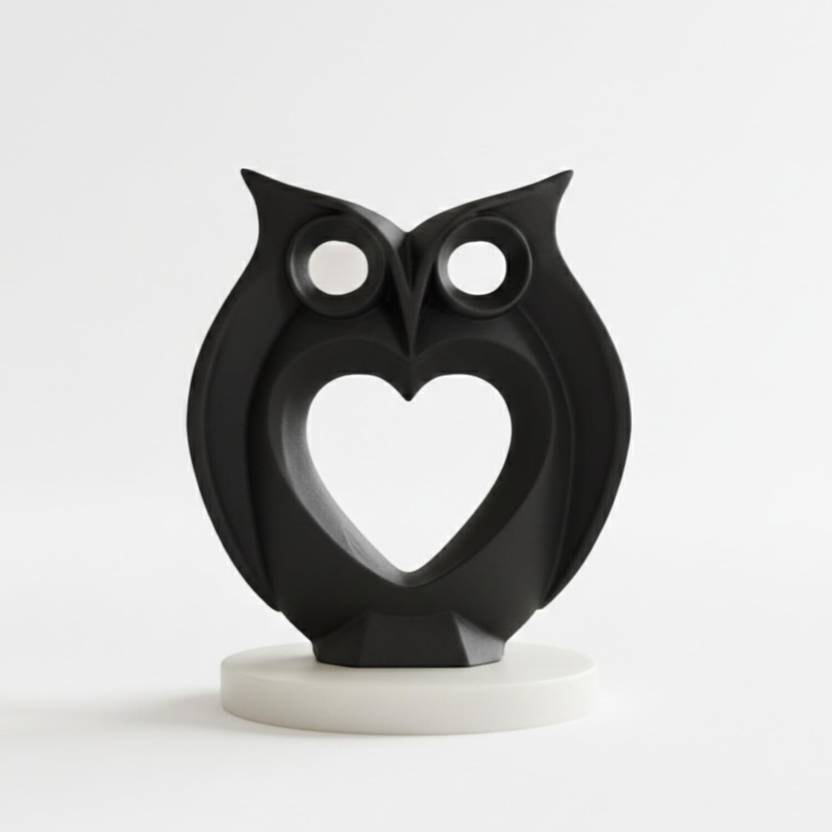 Homearte Modern Heart Owl Sculpture Black with Marble Base Contemporary Decorative Showpiece - 14 cm