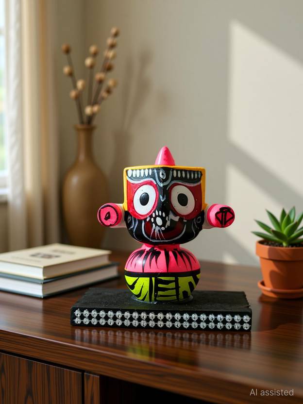 FernHaus Handcrafted Lord Jagannath Idol, Wooden MDF Base, Hand Painted-for Home Decorative Showpiece - 7.5 cm