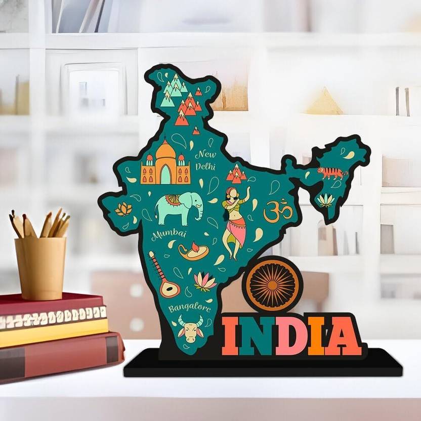 CraftVatika India Map Quotes Table Decor Items Wooden Home Decor Items Decorative Showpiece - 12 cm