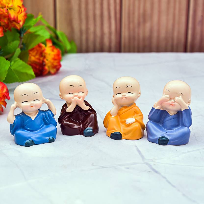 Archna Handicraft Resin Buddha Monk Idol, Multicolour, Set of 4 Gandhi Ji Message (2x1.5 Inch) Decorative Showpiece  -  30 cm