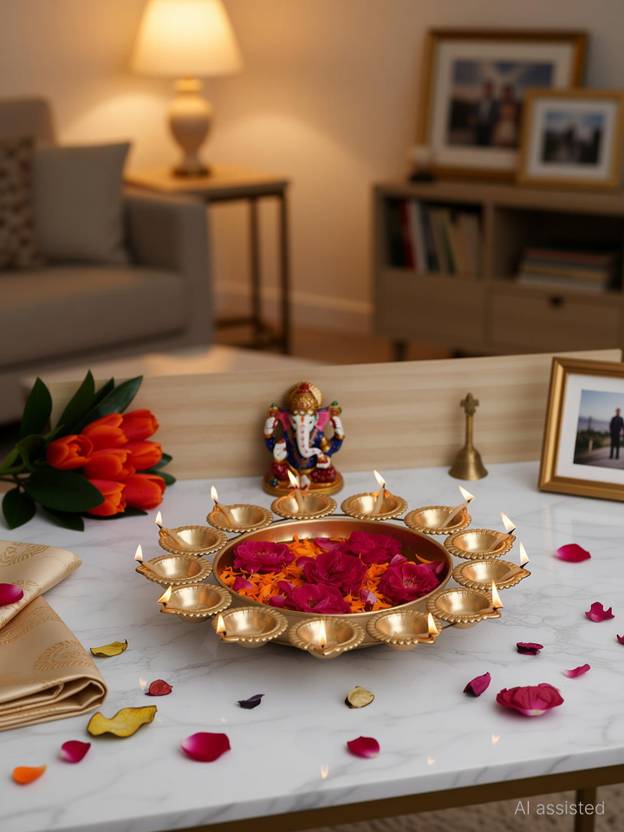 DESIGNSUPERIOR Decorative Urli Bowl for Flowers Diyas Festival Decoration Home Round Urli Gold Iron Decorative Platter