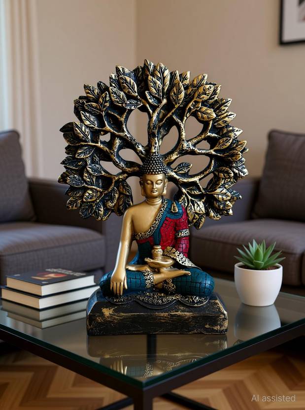 CRAFTESTATE Buddha Statue with Bodhi Tree | Antique Finish Meditation Idol Decorative Showpiece - 24 cm