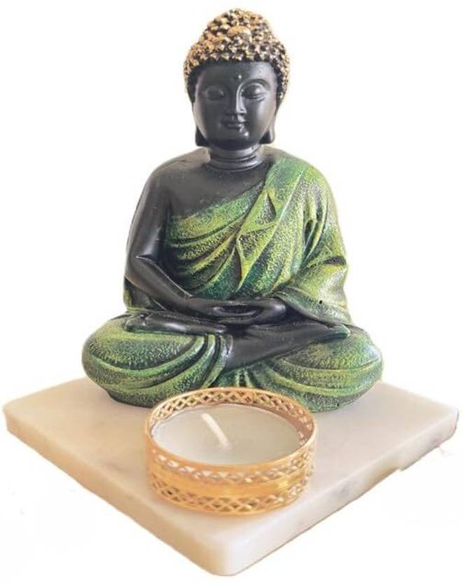 Homearte Green Meditating Buddha Idol with Tealight Candle Holder / Peaceful Home Décor Decorative Showpiece - 15 cm