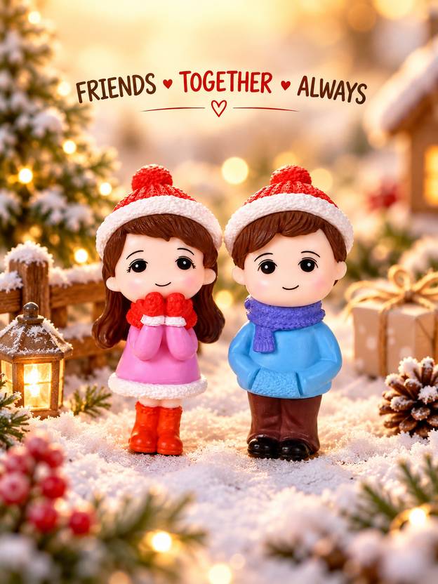Petals & pines Cute Boy & Girl Winter Friendship Showpiece for Home, Table, Desk & Shelf Decor Decorative Showpiece  -  5.5 cm
