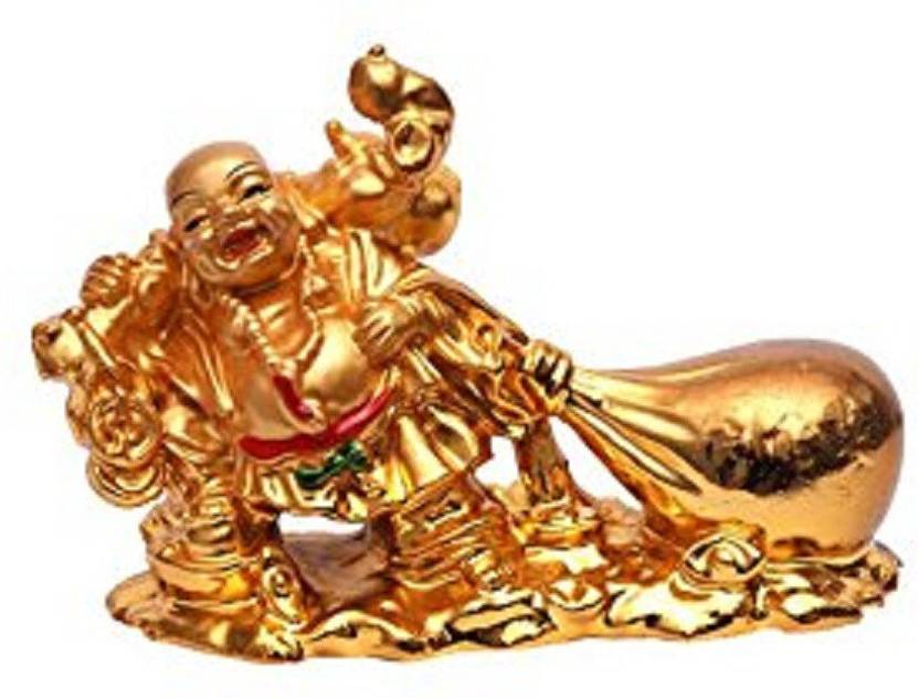 ASTRUMS Fengshui Laughing Buddha with Money Bag for Wealth (11 cm X 4 cm X 6 cm, Gold) Decorative Showpiece  -  7 cm