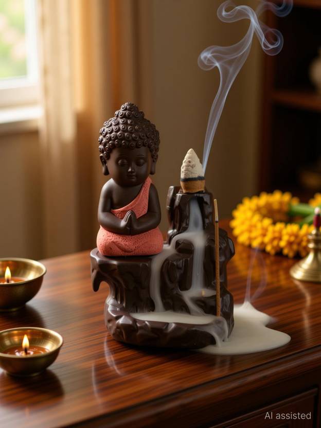 BECKON VENTURE Handicrafted Meditating Monk Buddha Smoke Backflow incense burner with 10 Smoke Backflow Incense Cone in Incense Sticks|smoke fountain|buddha smoke fountain|Smoke waterfall fountain | Home Decor showpiece|table decorations items| handicraft items in Showpieces & Figurines|decorative items |Buddha Statue for Car Dashboard, Gifts And Home |Statues|statue for car|statue of gods| Showpiece gift sets| Showpiece & Figurnies |Showpieces in home| Decorative Showpiece - 12 cm