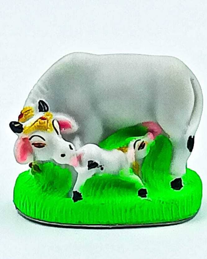 ATUT Cow and Calf Figurines for Home Puja and Decor Decorative Showpiece  -  8 cm