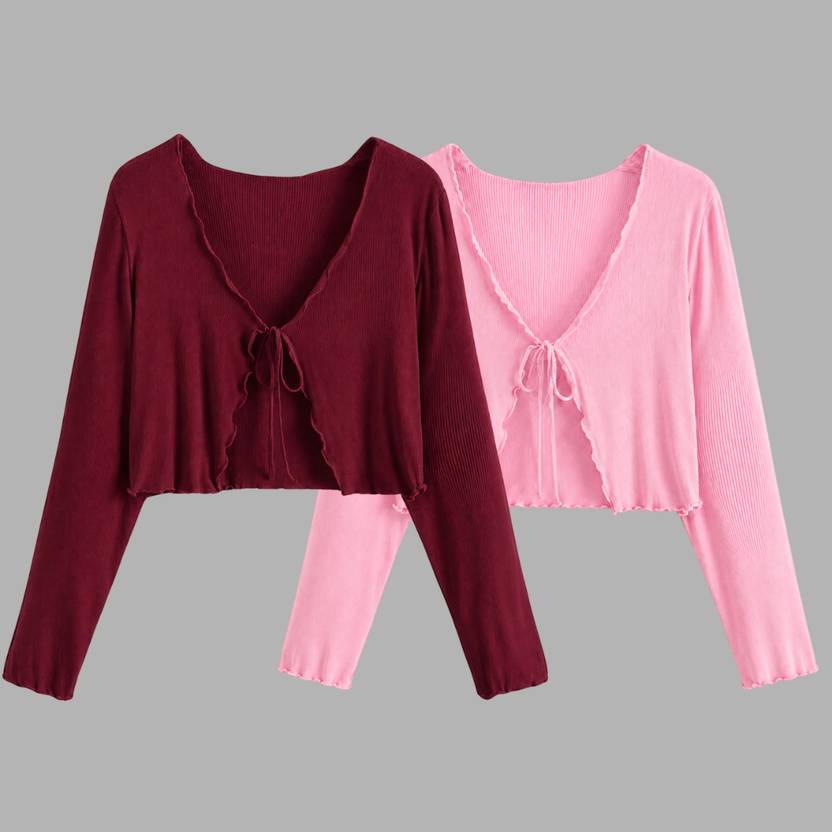 Fusion Mart Women Robe Style Full Sleeve Pink, Maroon Shrug