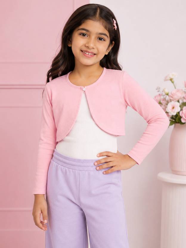 KiddoPanti Girls Straight Full Sleeve Pink Shrug