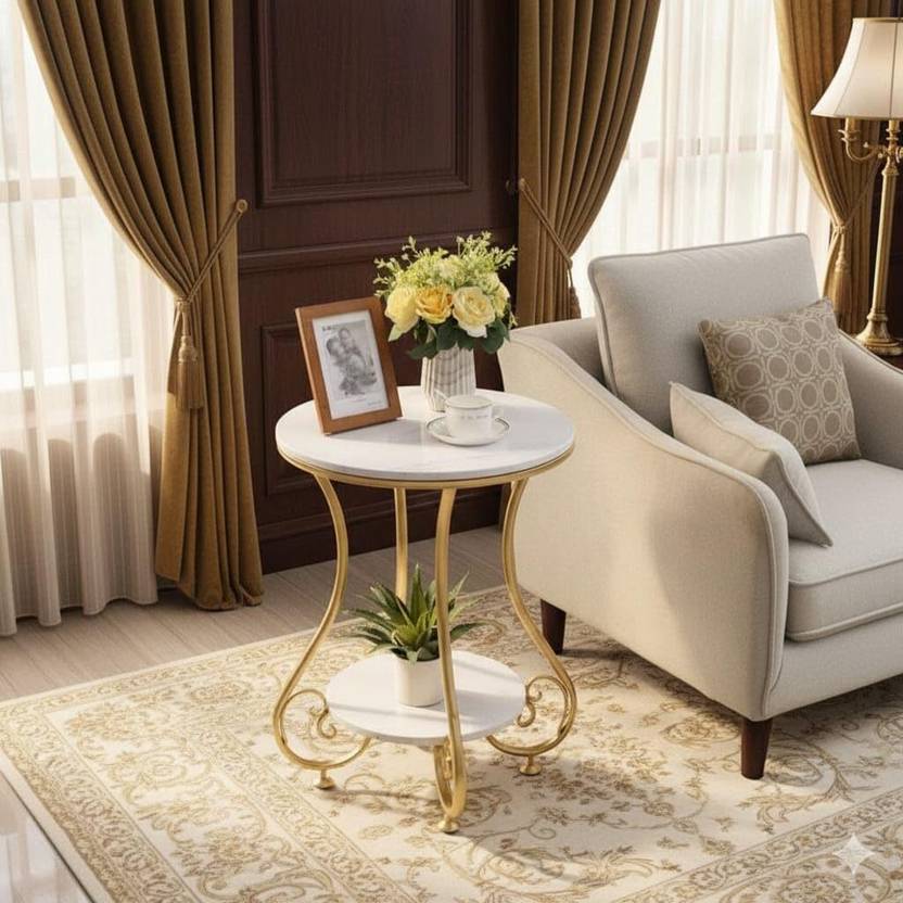 BESTQUALITY Coffee Table Simple Modern Bedside Cabinet Small Round Table (White & Gold) Engineered Wood Side Table