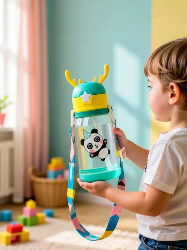 URBANHUDA Eco-friendly Baby Water Bottle For Kids With Soft Silicone Straw & Strap - 300ml