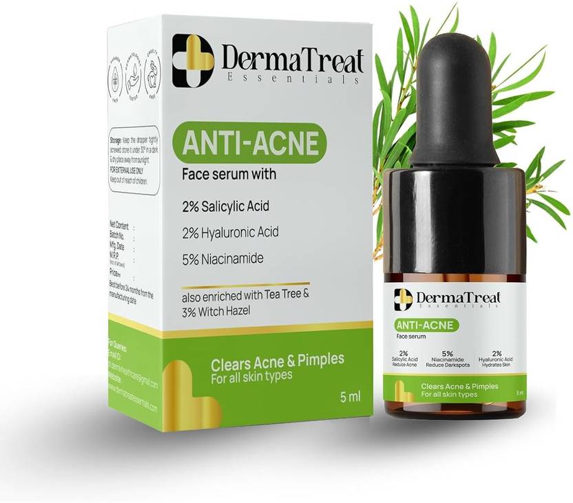 DermaTreat Essentials Anti-Acne Face Serum | 2% Salicylic Acid + 5% Niacinamide + 2% Hyaluronic Acid | Tea Tree & Witch Hazel | Acne & Pimple Care
