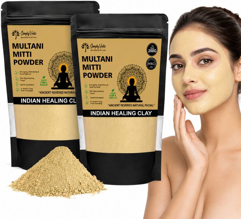 Simply Vedic Simply Vedic 100% Natural Multani Mitti Powder Face Pack (200Gms-Pack2)| For Exfoliating Soothing Nourishing Face, Skin & Hair| Indian Healing Clay/Calcium Bentonite Clay/Fuller's Earth/Body Mask