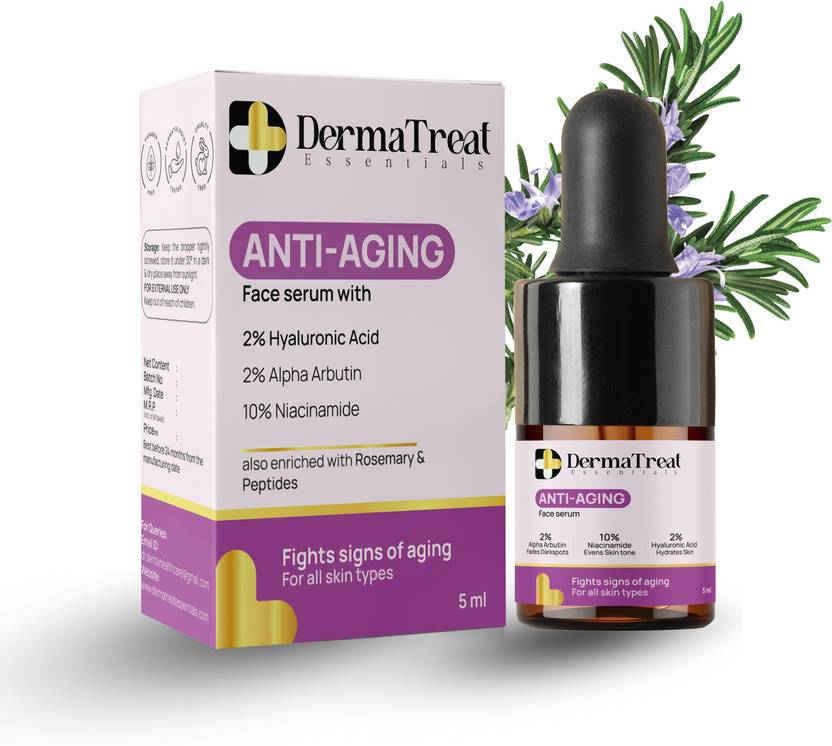 DermaTreat Essentials Anti-Aging Face Serum With 2% Hyaluronic, 2% Alpha Arbutin, 10% Niacinamide Acid & Peptides Improve Appearance Of Dark Spots, Tone, Fine Lines And Wrinkles 5ML
