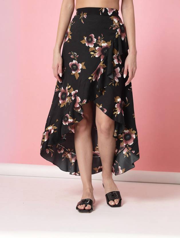 Oomph! Women Floral Print A-line Black Skirt