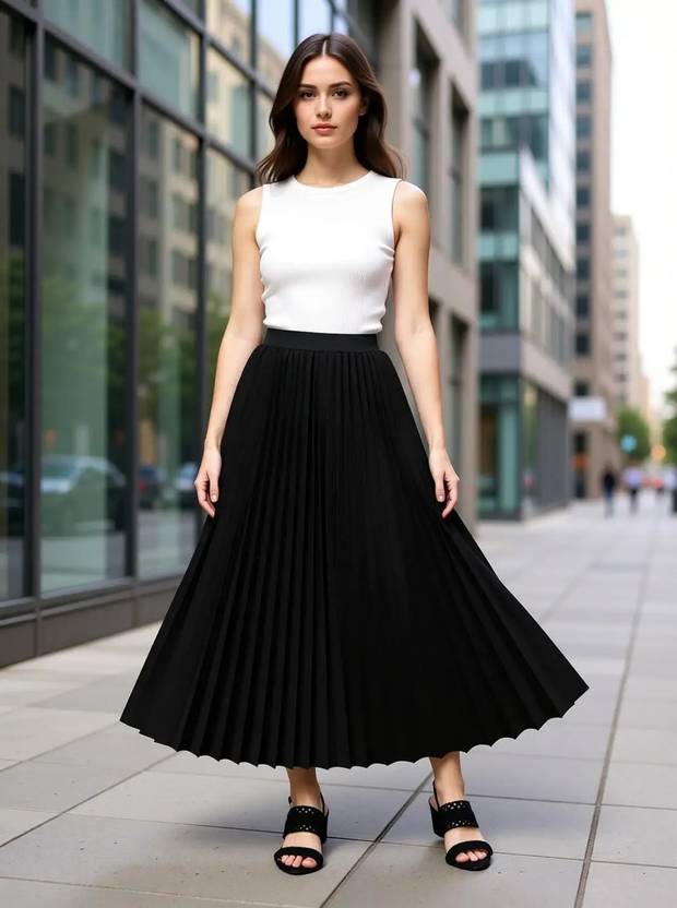 KASHIAN Women Solid Pleated Black Skirt