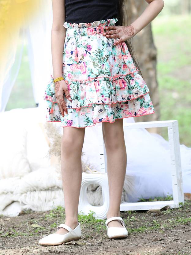 CUTIEKINS Girls Floral Print Flared White Skirt