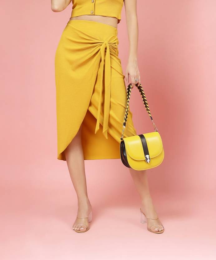 Oomph! Women Solid Wrap Around Yellow Skirt
