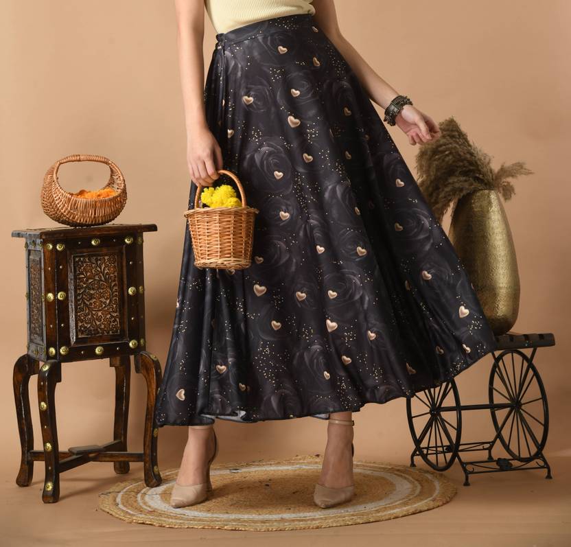 vagisha Women Printed Flared Black Skirt