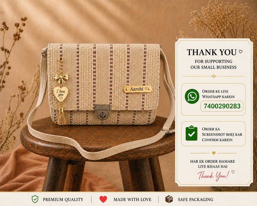 HAYAT FATIMA ARTS Beige Girls Sling Bag Customized Name Woven Sling Bag with Charm |