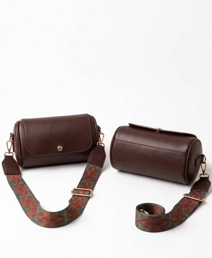 Mars global Brown Sling Bag PU Leather Barrel Crossbody Sling Bag with Boho Patterned