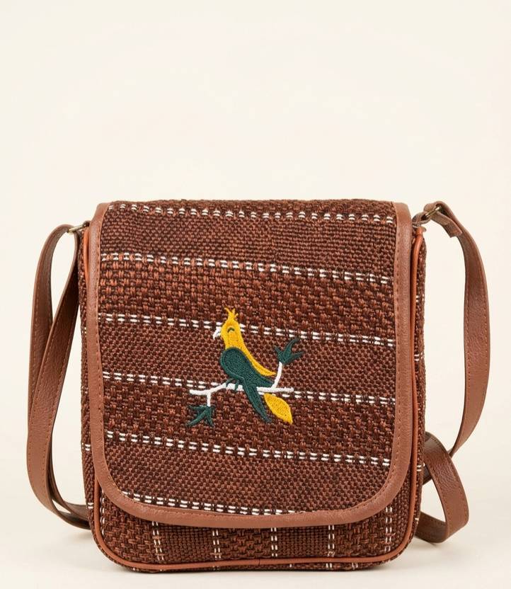 Vanshika Collection Brown Sling Bag Premium Brown Ethnic Bird Embroidered Flap Sling Bag for Women & Girls