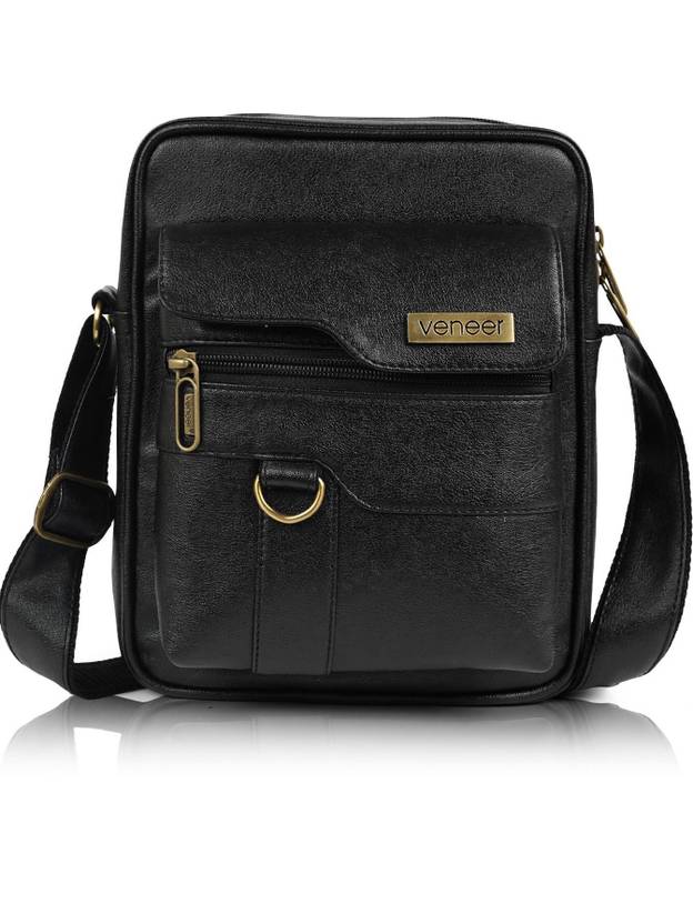 Veneer Black Men Sling Bag Casual Stylish Padded PU Crossbody Travel Office Business Sling Bag for Men