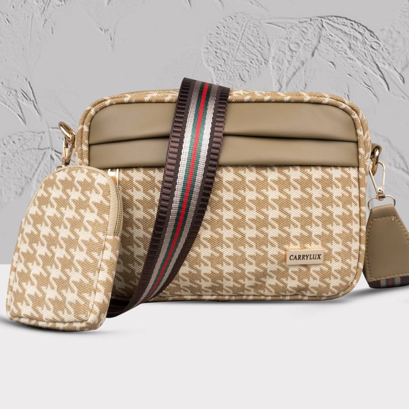 CarryLux Khaki Sling Bag Check Sling Bag with Coin Pouch Khaki Price in India