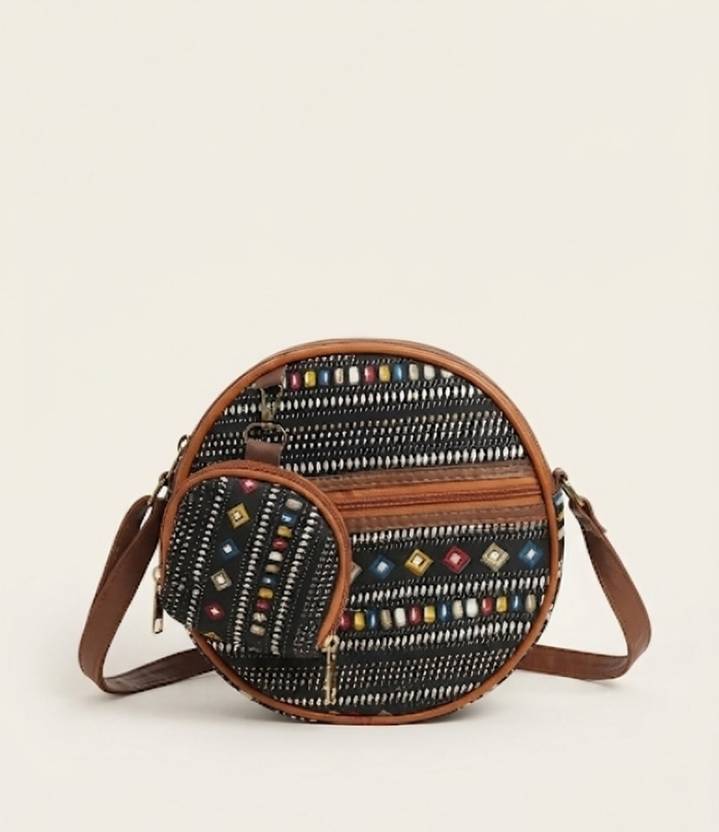Vanshika Collection Black Girls Sling Bag Premium Yellow Ethnic Round Sling Bag with Mini Pouch for Women & Girls