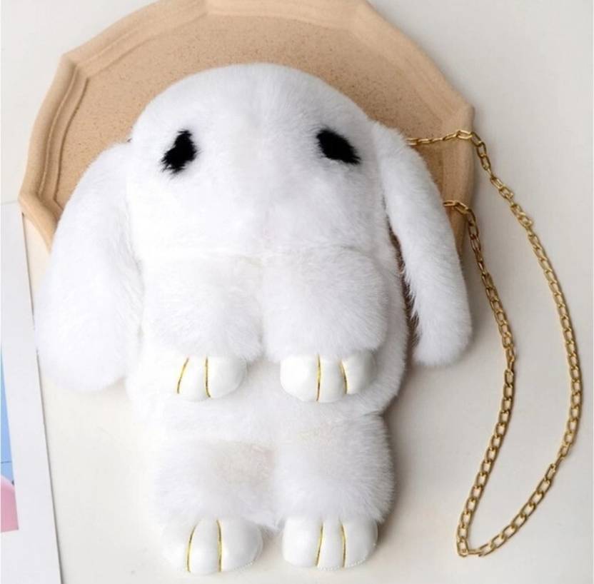 forevercarry White Sling Bag Fluffy Bunny Charm Fur Sling Bag for Kids & Girls