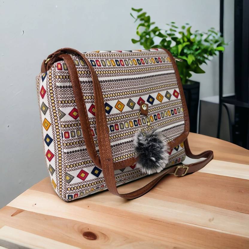 baxparrow White, Brown Sling Bag newImported Fabric Vegan Leather Fashion Bags