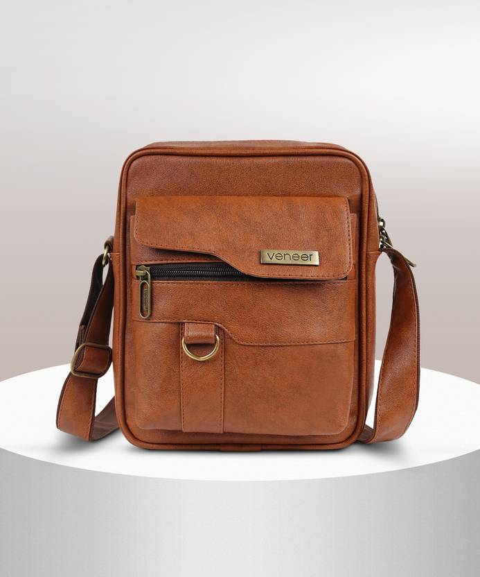 Veneer Tan Men Sling Bag Casual Stylish Padded PU Crossbody Travel Office Business Sling Bag for Men