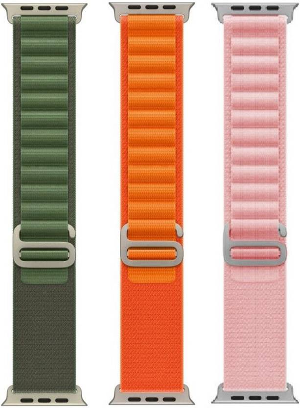 FunFlickers 2.5 inch Alpine Loop Smart Watch Strap Belt for Ultra Watch 49 mm, Series 8 / 7 45 mm, Series 6 / 5 / 4 44 mm, Series 3 / 2 / 1 42 mm, T800 Ultra, Watch 8 Ultra, i8 Pro Max, W26, T800 Smart Watch Strap (Green,Orange,Pink) Smart Watch Strap