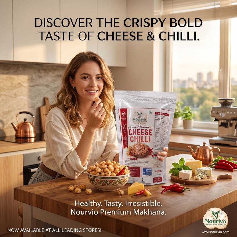 Nourivo Cheese Chilli Roasted Makhana - Crunchy Healthy Foxnuts Snack 20G Makhana Roasted in Olive Oil
