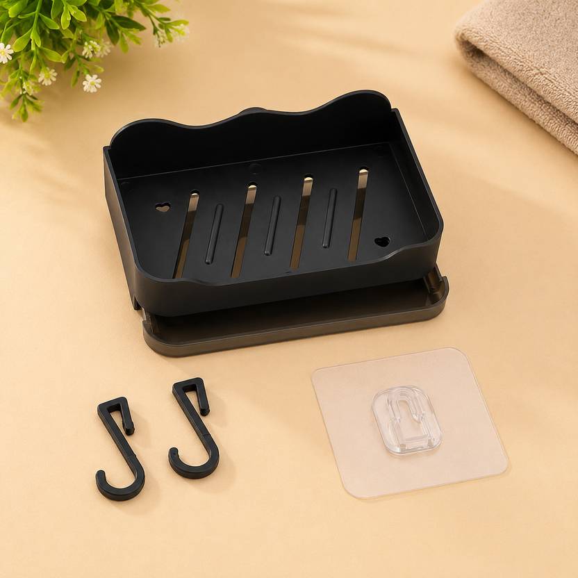 BitAura Wall Mounted Soap Dish with Hooks | Self Adhesive Bathroom Soap Holder No Drill
