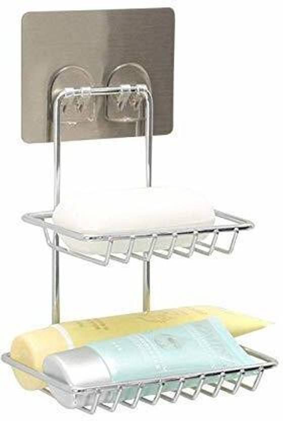 AMMEDARSHAN Wall Mounted Double Layer soap Dish Holder Stainless Steel Wall Hanging Soap Storage Rack for Kitchen Bathroom (Silver)