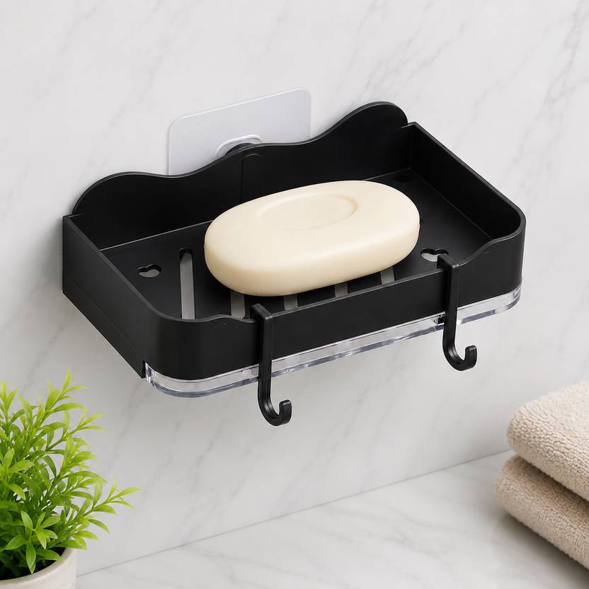BitAura Self Adhesive Wall Mounted Soap Dish Holder with 2 Hang Hooks & Water Drain Tray