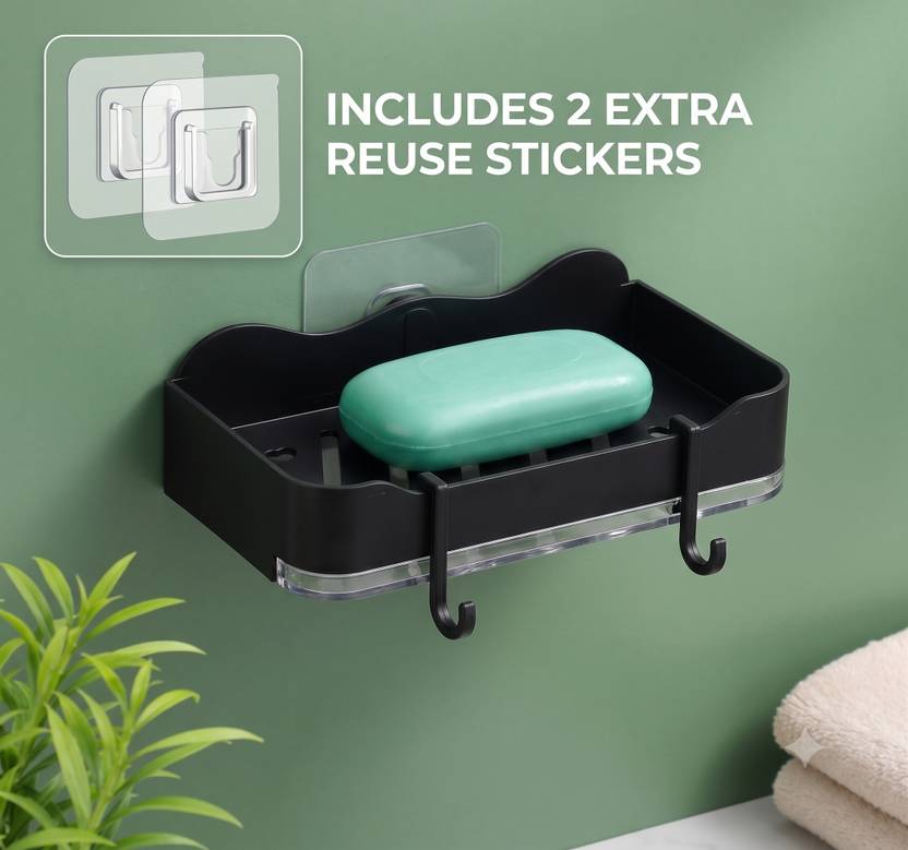 BitAura Self Adhesive Soap Dish Holder with Hooks & 2 Extra Reuse Magic wall Stickers