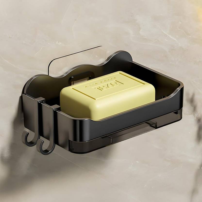BitAura Wall Mounted Self-Adhesive Black Soap Dish with 2 Hooks for Bathroom & Kitchen