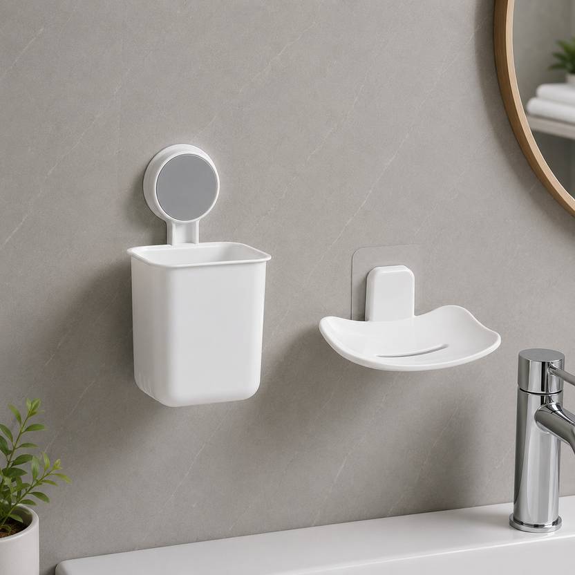 BitAura Wall Mounted Toothbrush Holder & Self Draining Soap Dish Combo Plastic