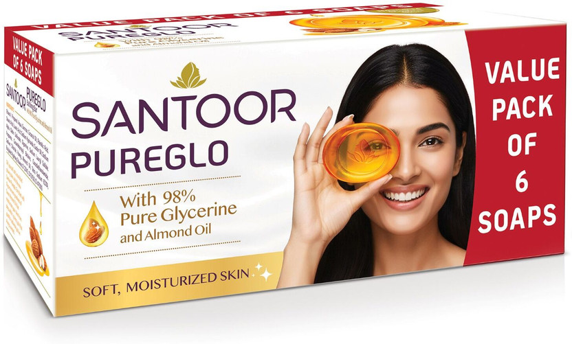 Santoor PureGlo Glycerine Bathing Bar Soap with Almond Oil for